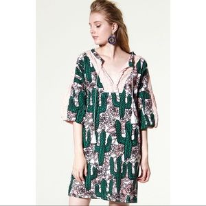 Storets Cactus Print Shift Dress Embroidered Eyelet Sleeve Tassel Tie Boho